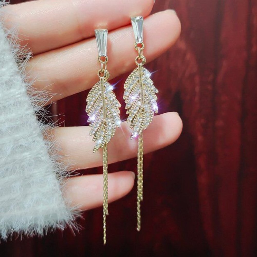 Gold Long Leaf Diamond Zircon Tassel Drop Dangle Stud Earrings Party Gift